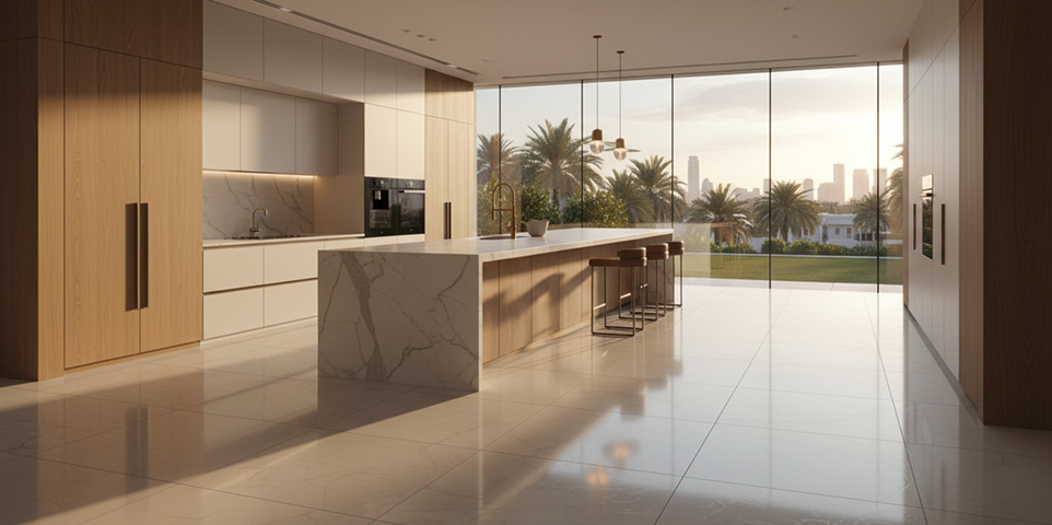 Marble and porcelain flooring in a luxury Dubai villa interior