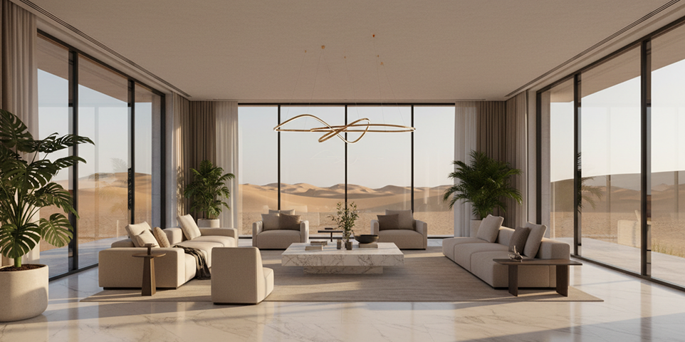 Cool natural stone flooring in a bright Dubai villa interior