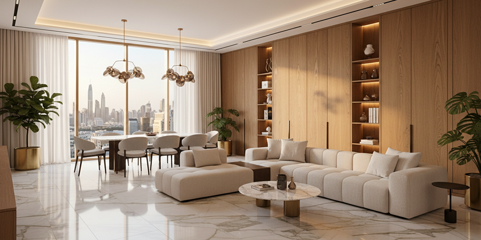 Large-format porcelain flooring in a contemporary Dubai luxury home