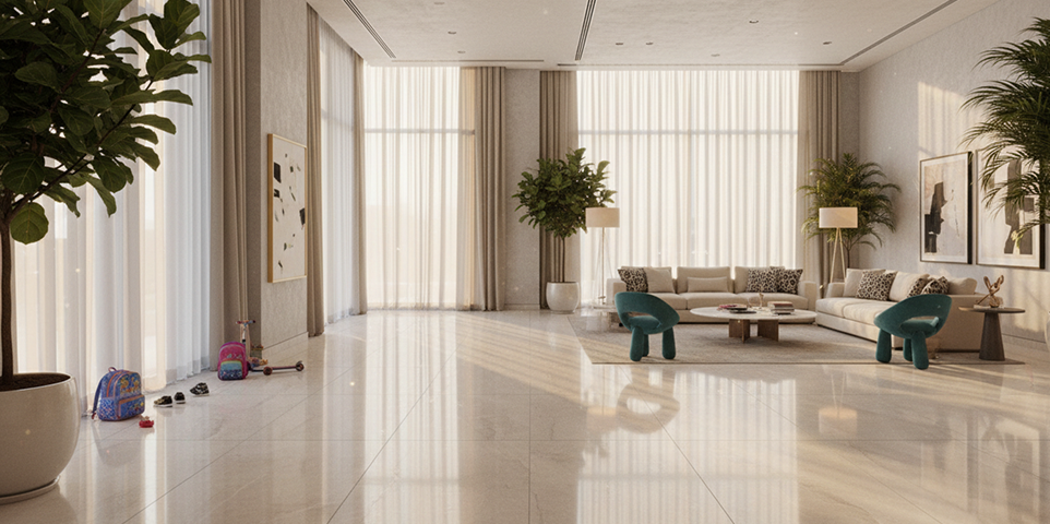 Durable porcelain flooring in a high-traffic Dubai home living space