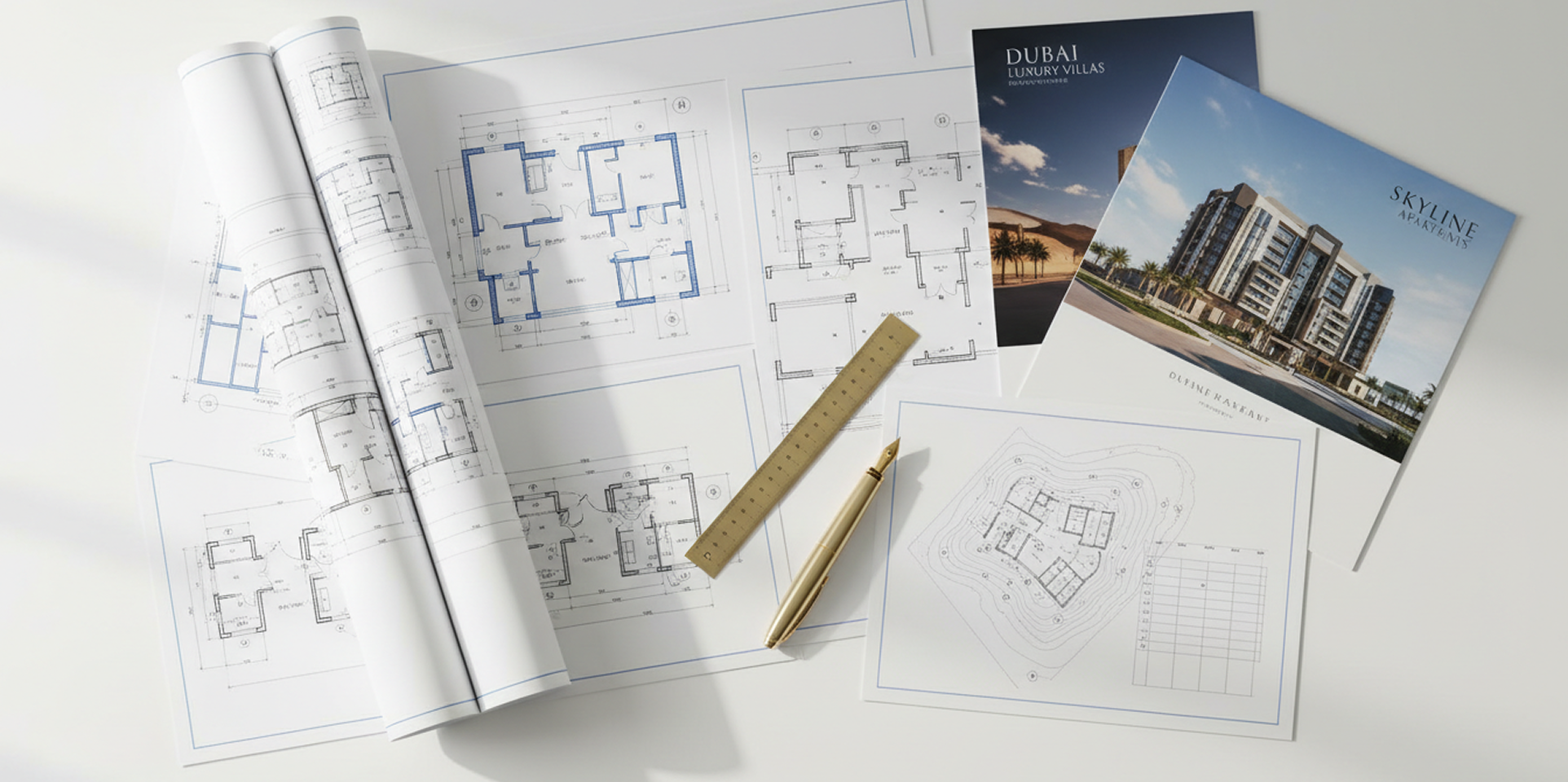 Floor plans and documents for a first interior design meeting in Dubai
