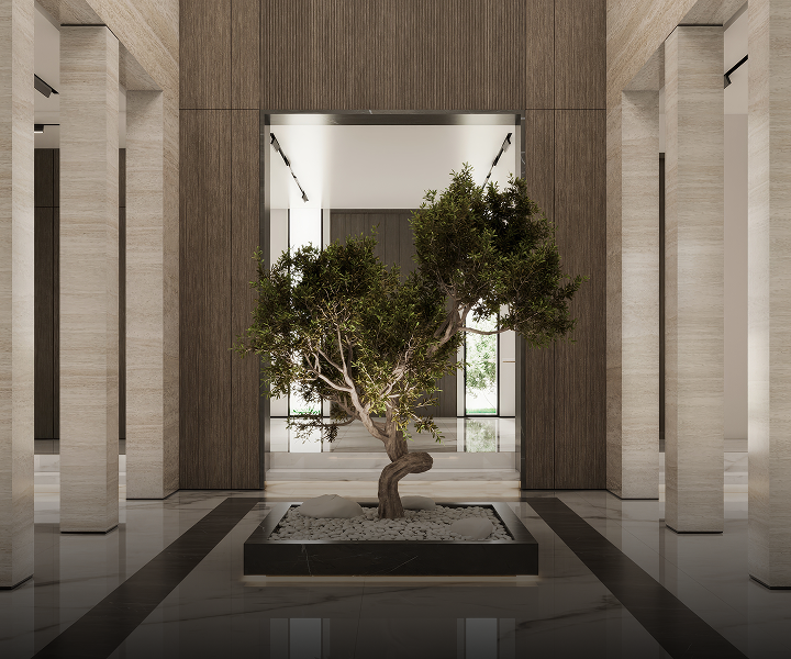 Minimalist living room interior design with floor-to-ceiling windows.