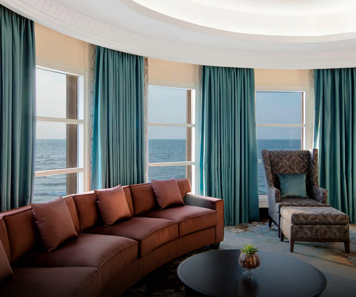 Modern interior design featuring custom ceiling design and bespoke joinery by Rayfitout at the Sheraton Hotel, Dubai.