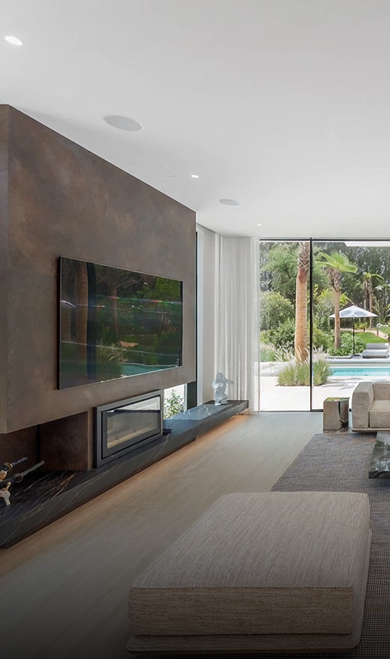 Modern interior design in Dubai featuring floor-to-ceiling windows.