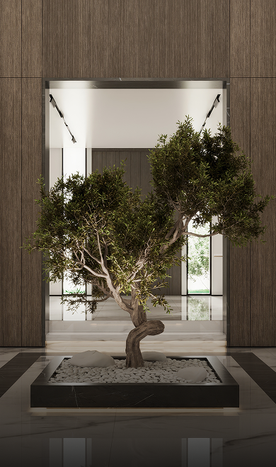 Minimalist living room interior design with floor-to-ceiling windows.