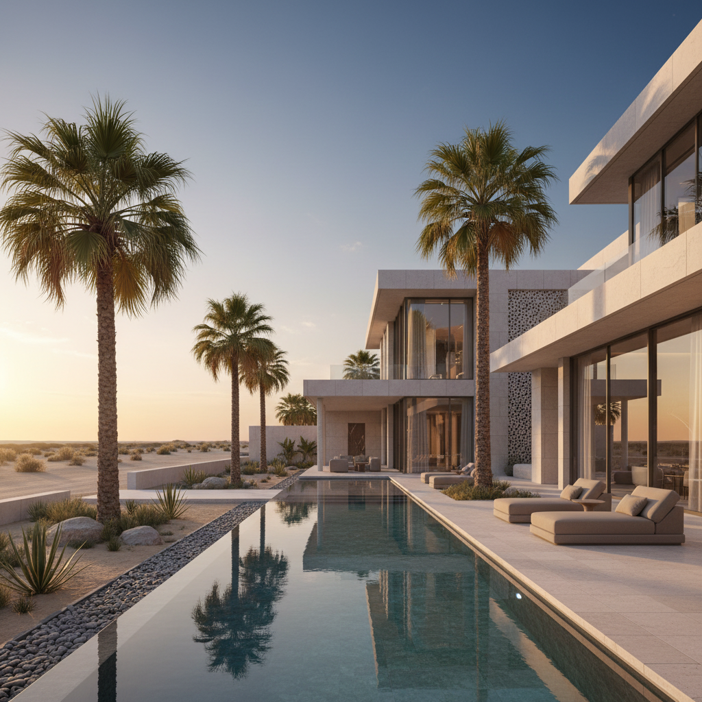 Minimalist villa design with floor-to-ceiling windows.