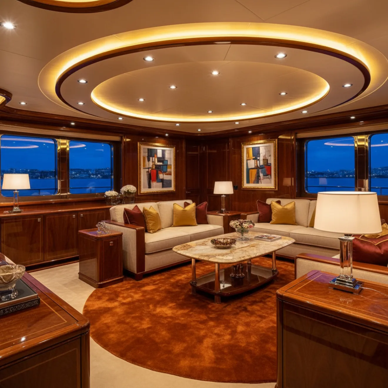 Yacht saloon with layered ambient ceiling lighting and statement lamps