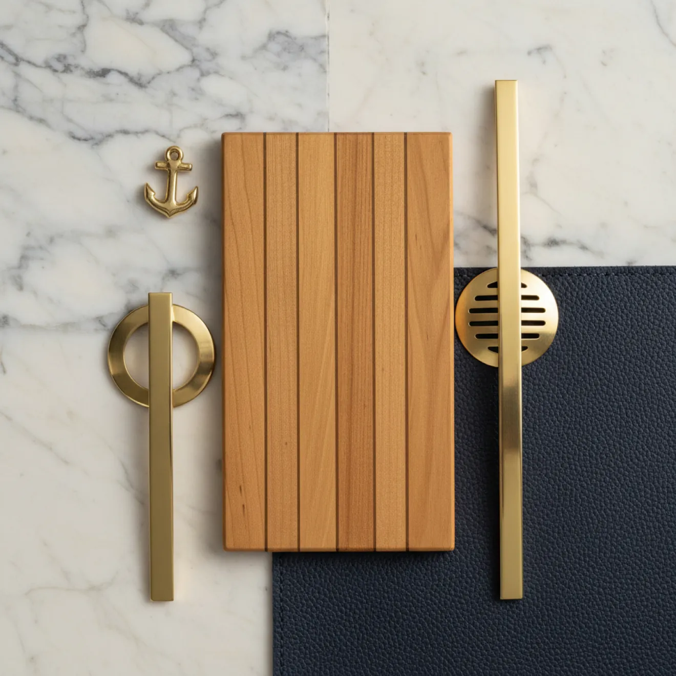 Marine-grade teak, marble, leather and brass hardware samples for yacht interiors