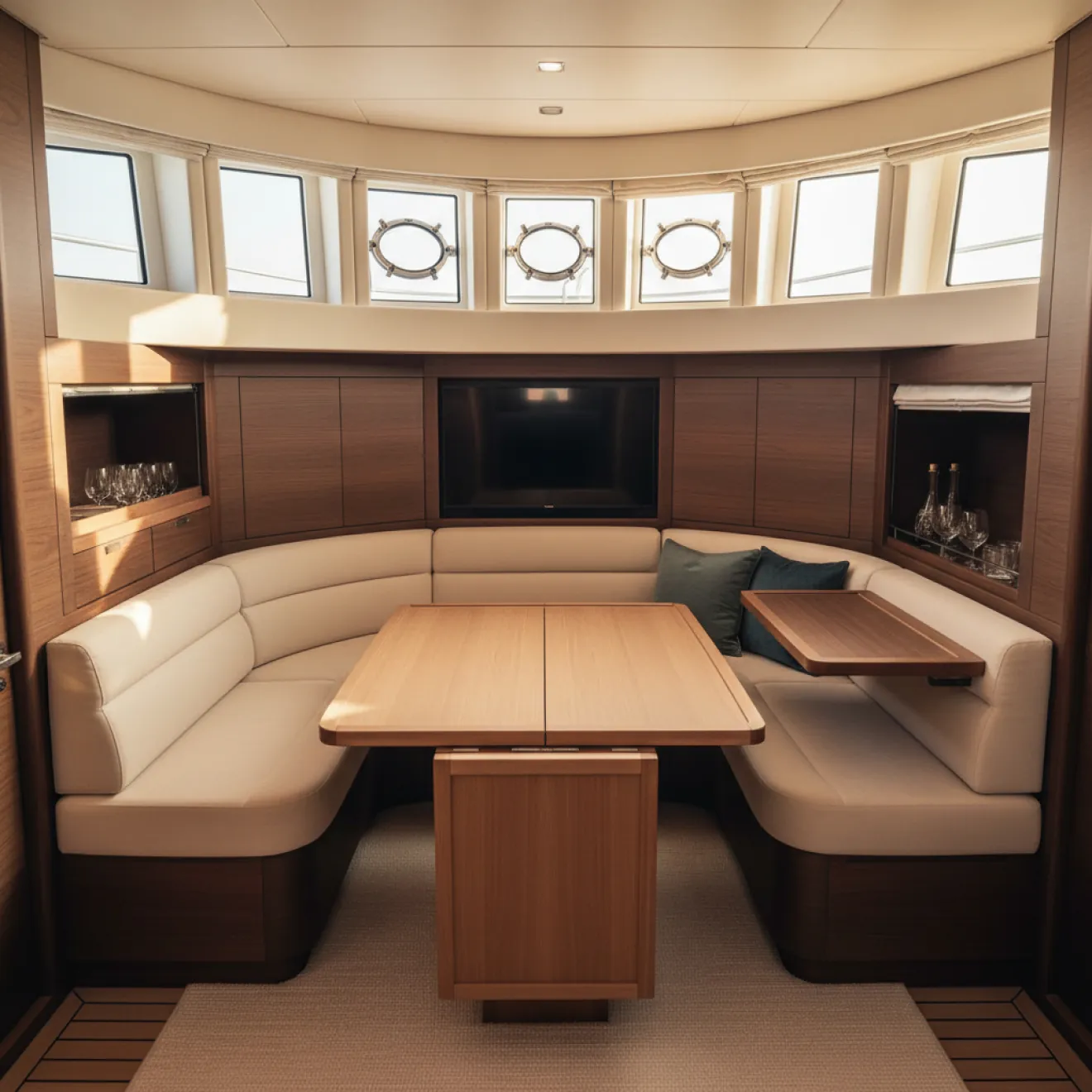 Space-efficient yacht dining and lounge layout with convertible table and built-in storage
