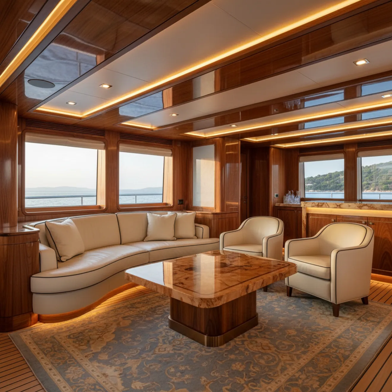 Bespoke yacht interior saloon with custom joinery and warm ambient lighting