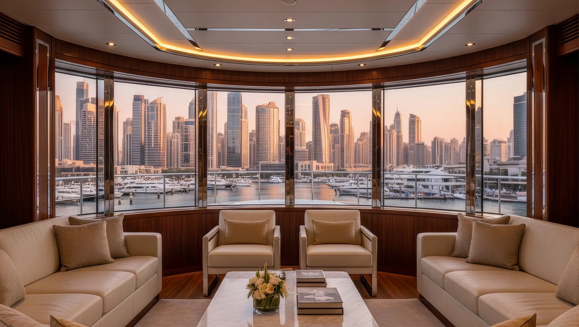 Luxury yacht interior design in Dubai with bespoke saloon joinery and seating