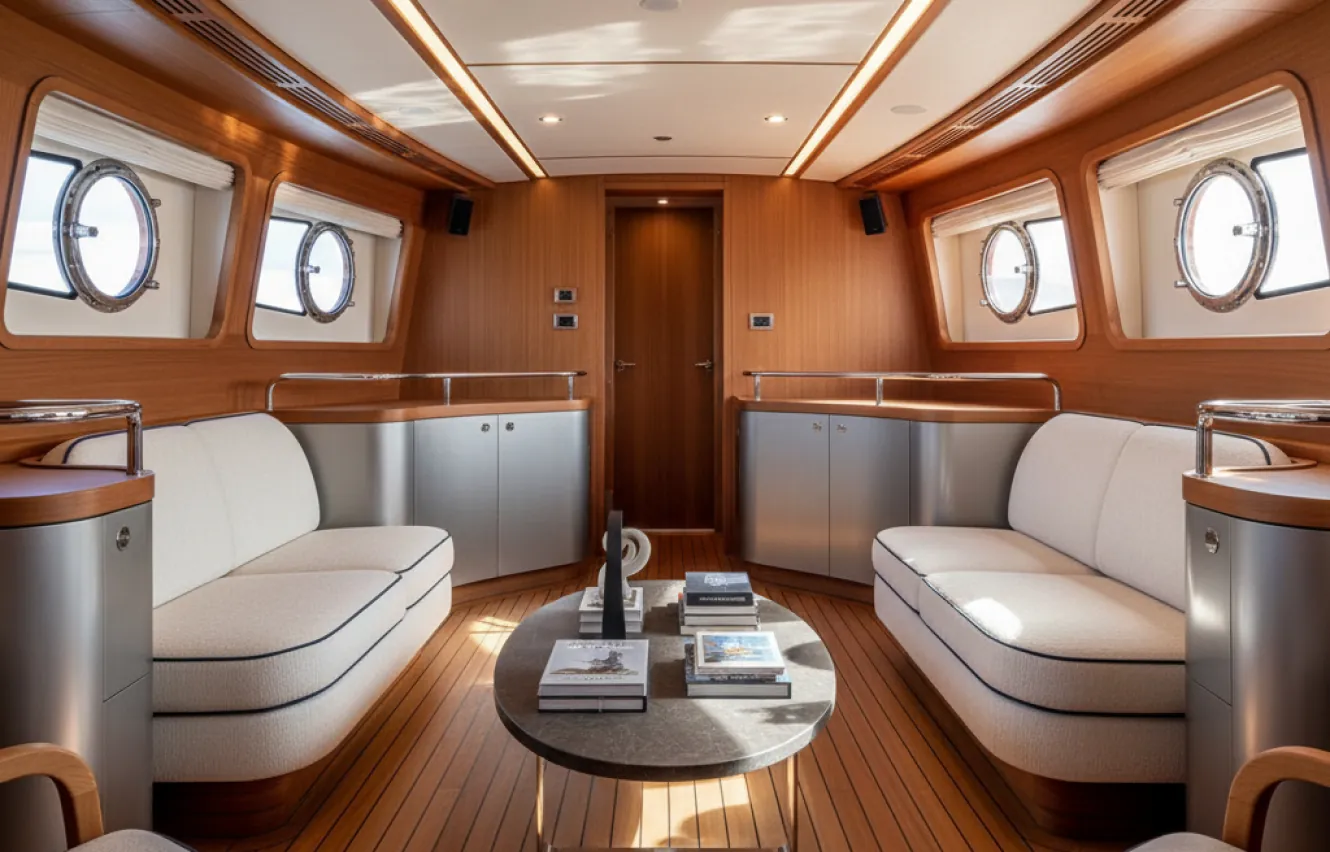Yacht lounge interior with custom curved seating, teak flooring and porthole windows