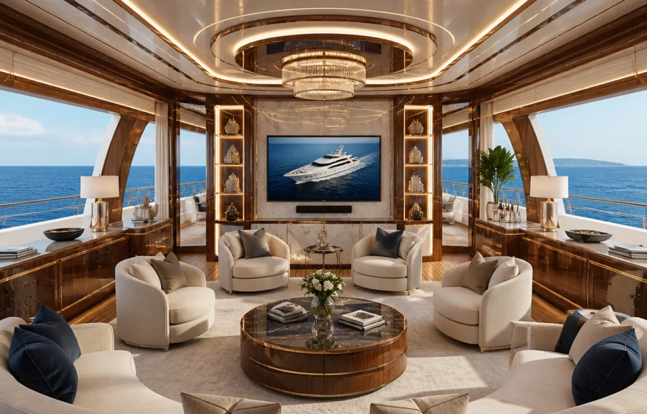 Luxury yacht main saloon interior with lightweight joinery and marine-grade finishes