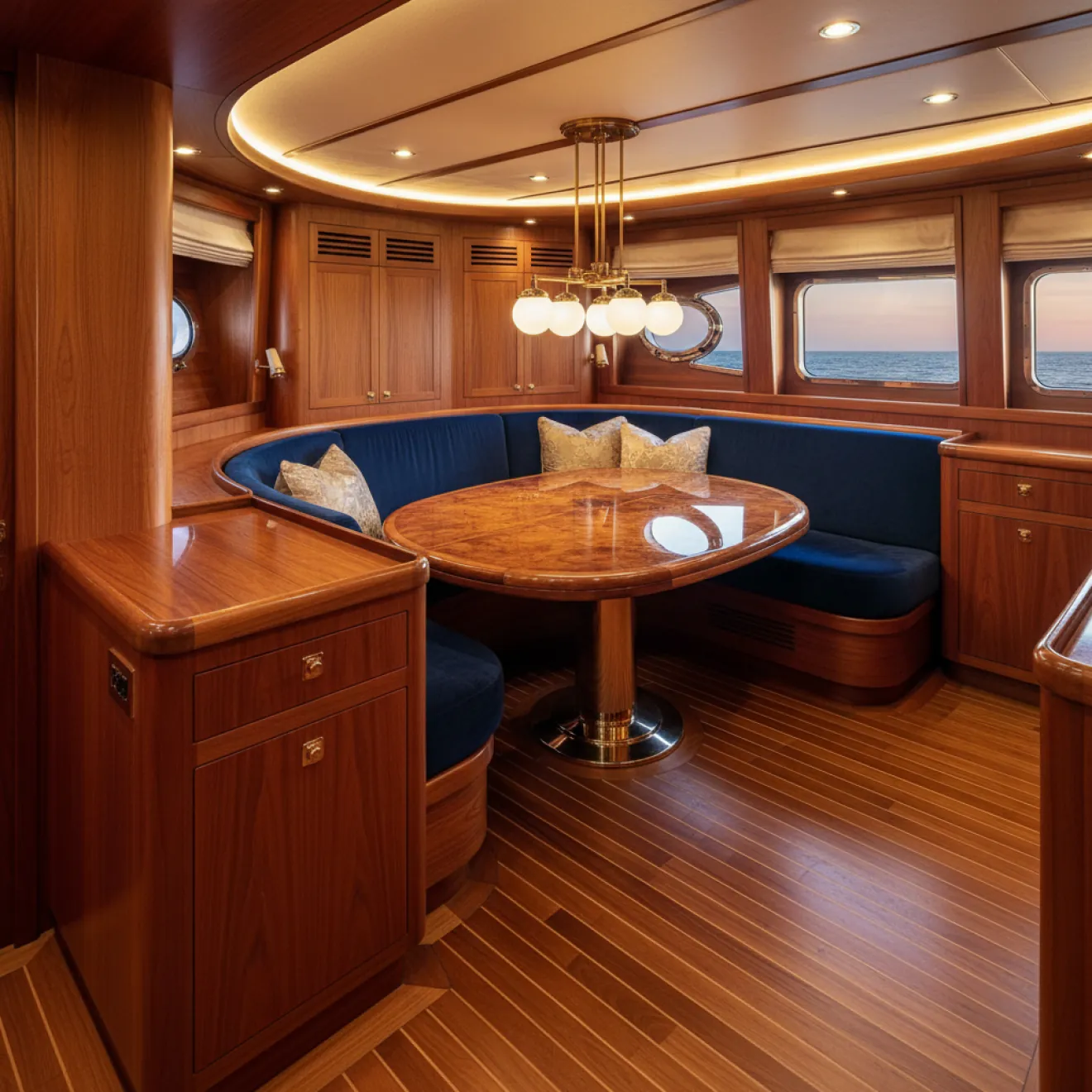 Yacht dining area with bespoke banquette seating and custom timber joinery