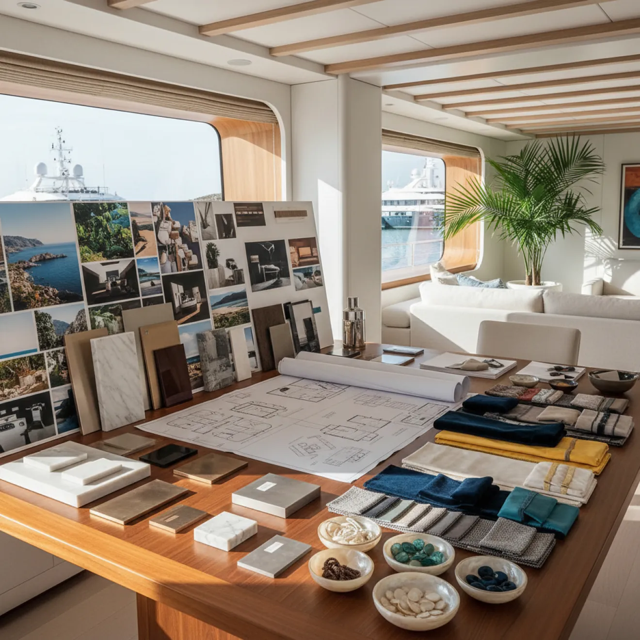 Yacht interior concept development with mood boards, material samples and layout plans