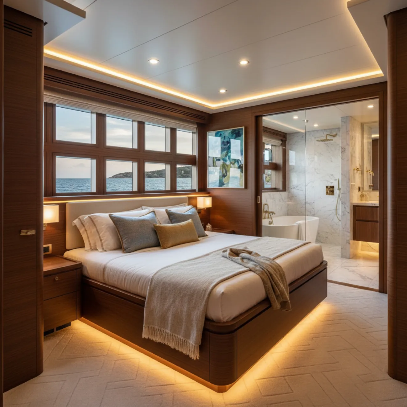 Yacht guest cabin interior design with integrated bed, lighting and en-suite access
