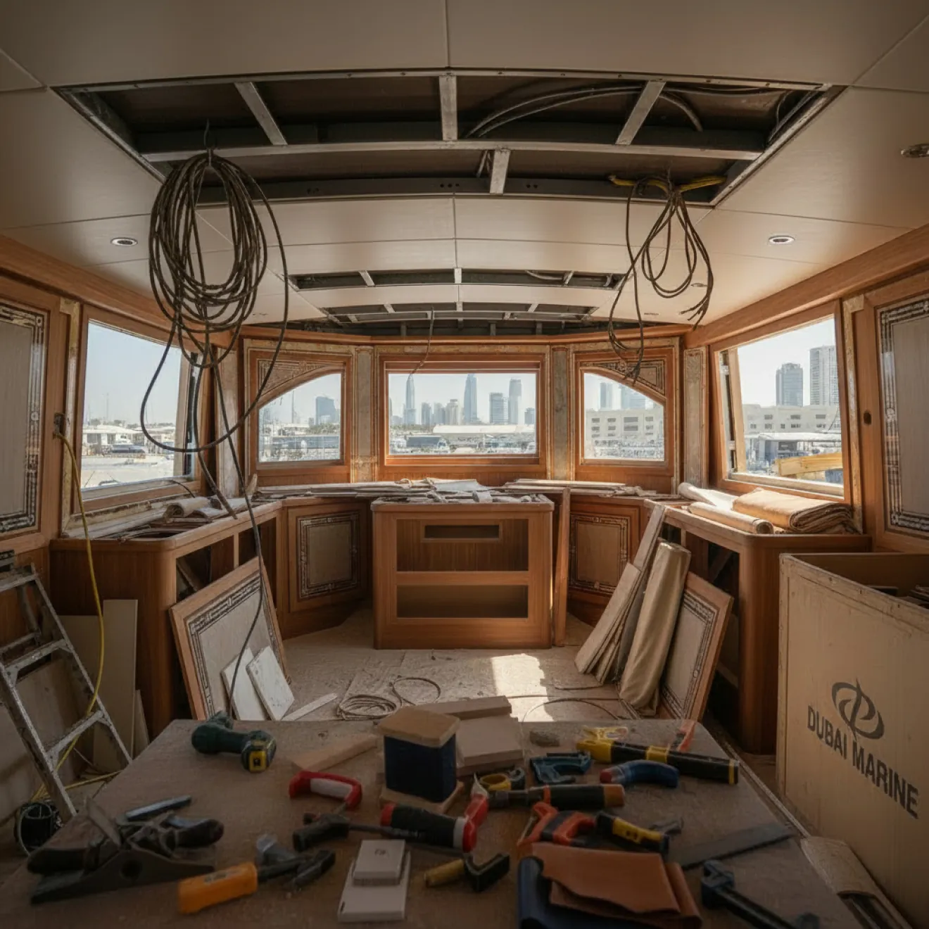 Yacht interior refit in progress with joinery, wiring and finishes being renewed