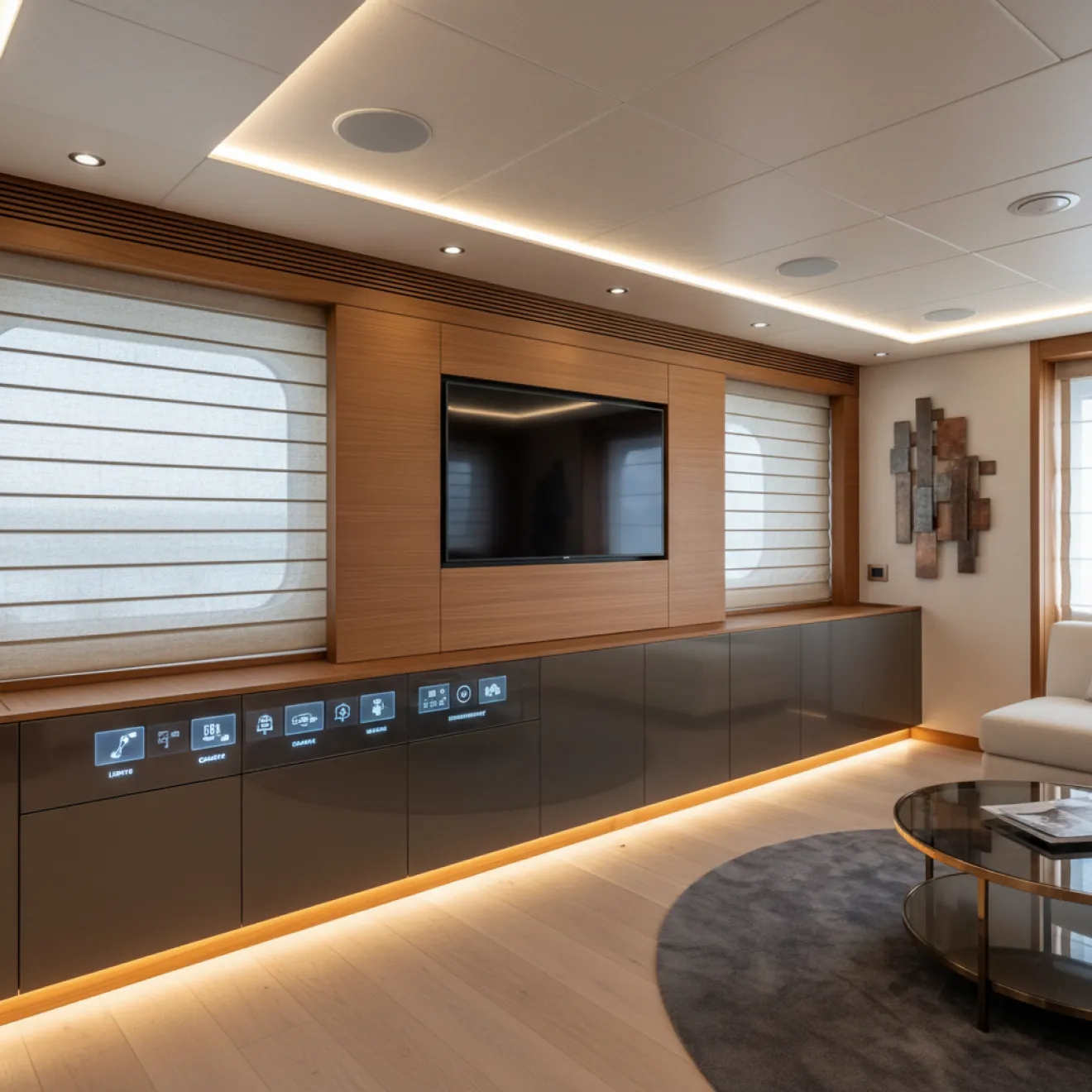 Yacht interior with integrated display, concealed speakers and smart control panel