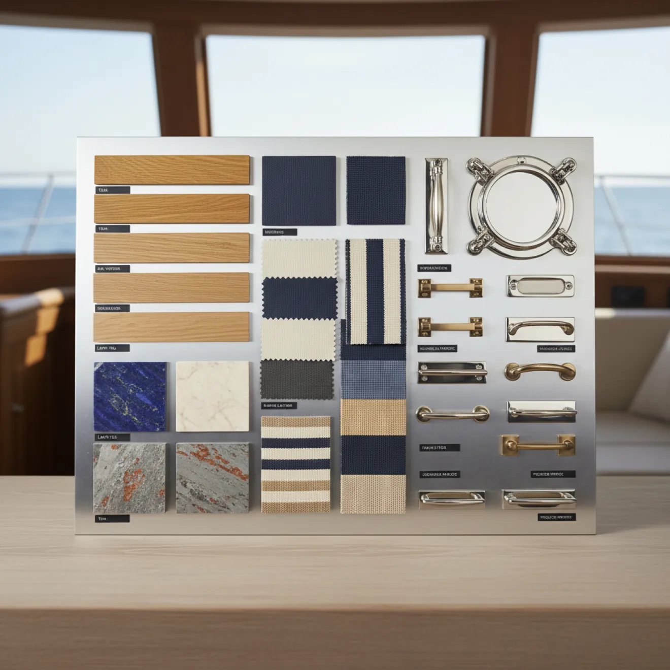 Yacht interior material and finish selection board with fabrics, veneers and hardware