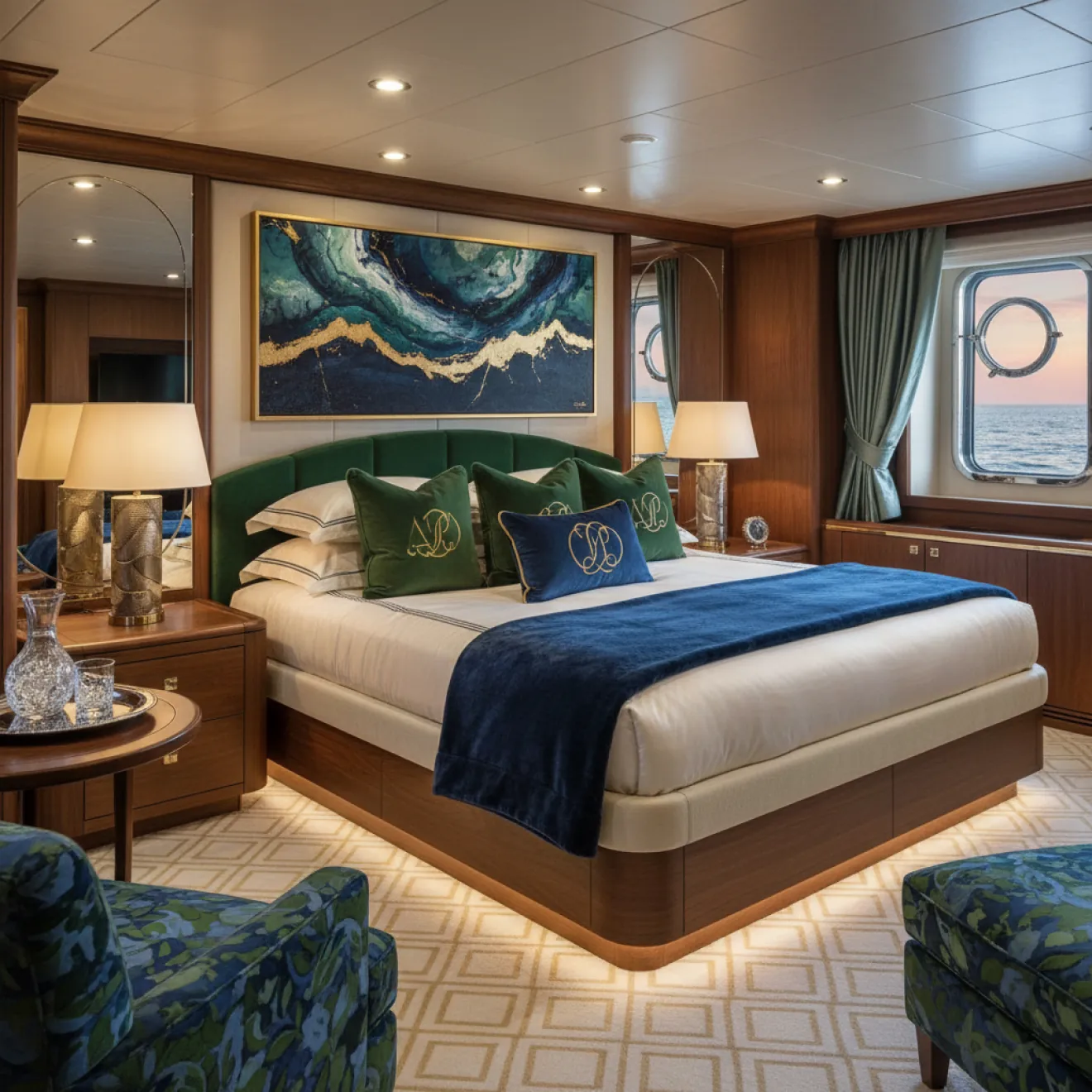 Personalized yacht master cabin with custom artwork, headboard and bespoke furnishings