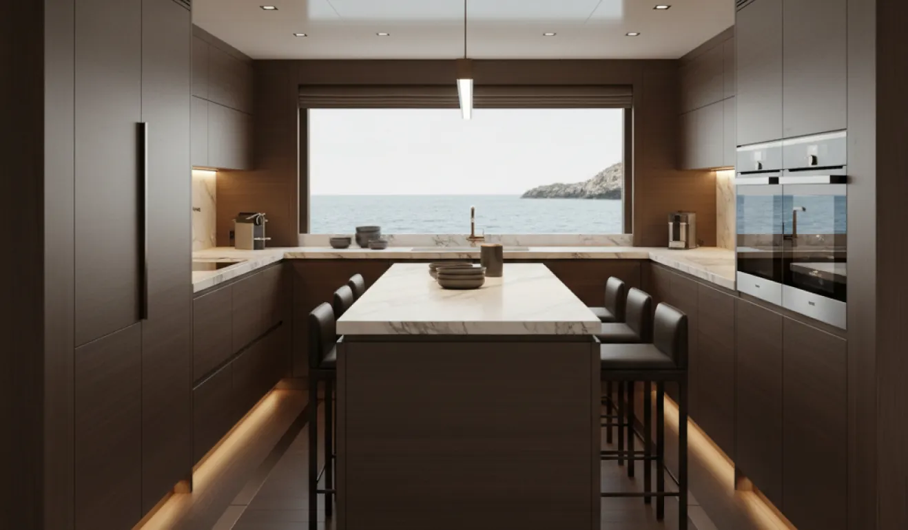 Yacht galley interior with fire-rated finishes and compliant materials