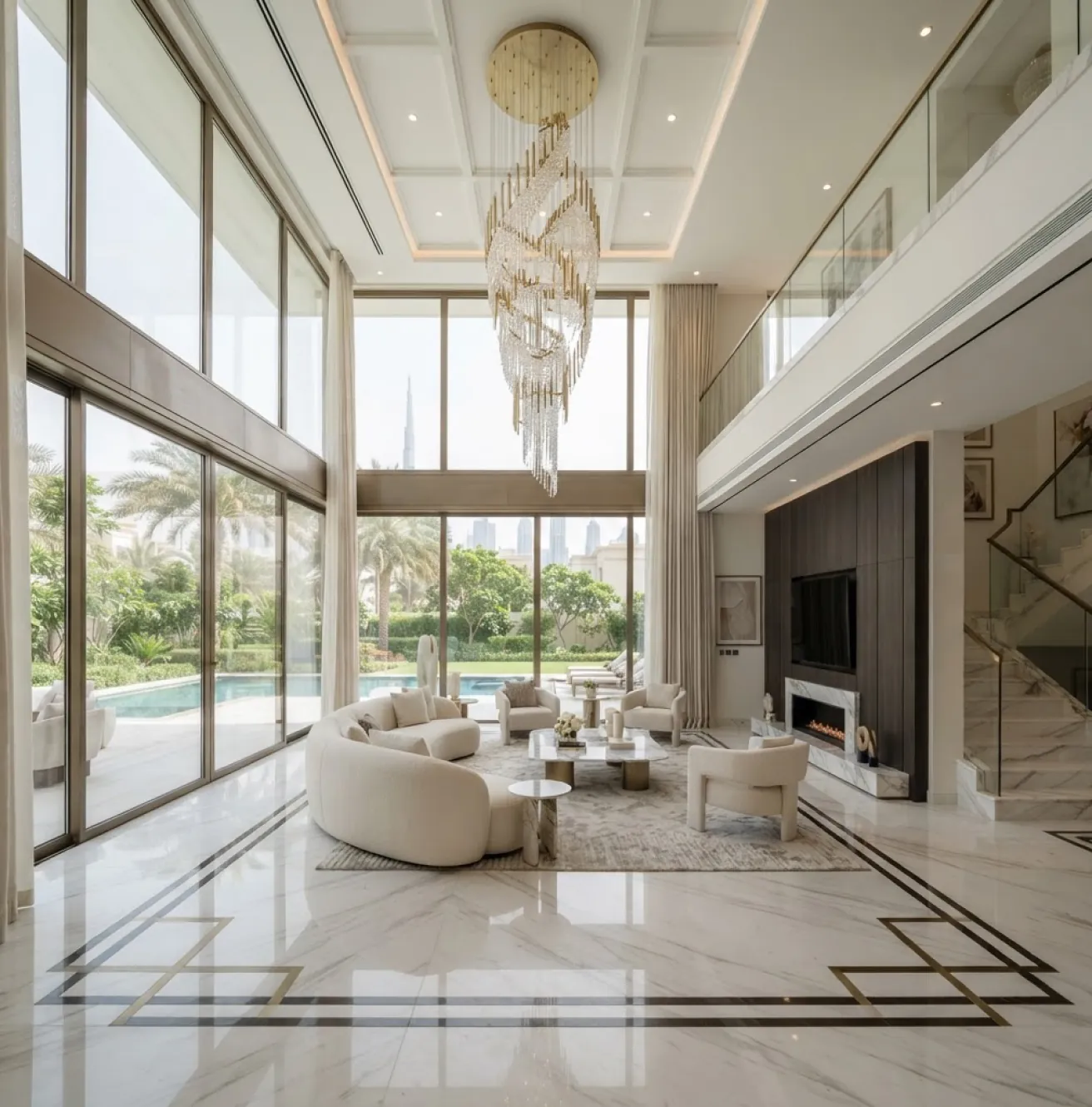 Turnkey villa renovation in Al Khawaneej with double-height living room and marble flooring