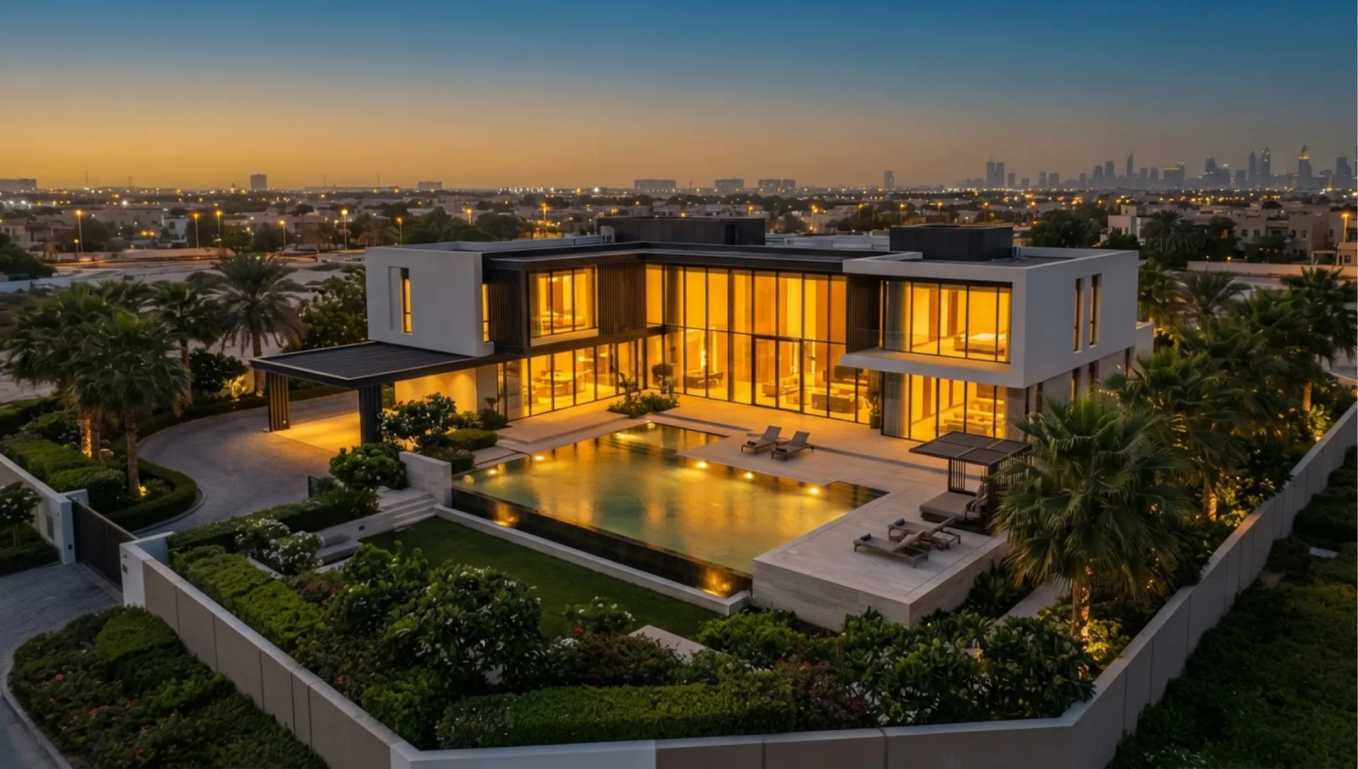 Luxury villa renovation in Al Khawaneej with illuminated facade and pool at dusk