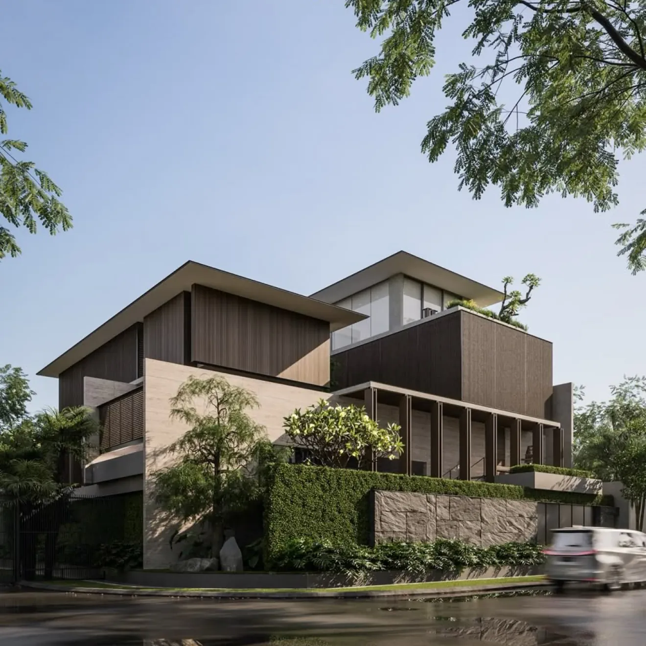 Contemporary villa architecture with timber and stone facade details