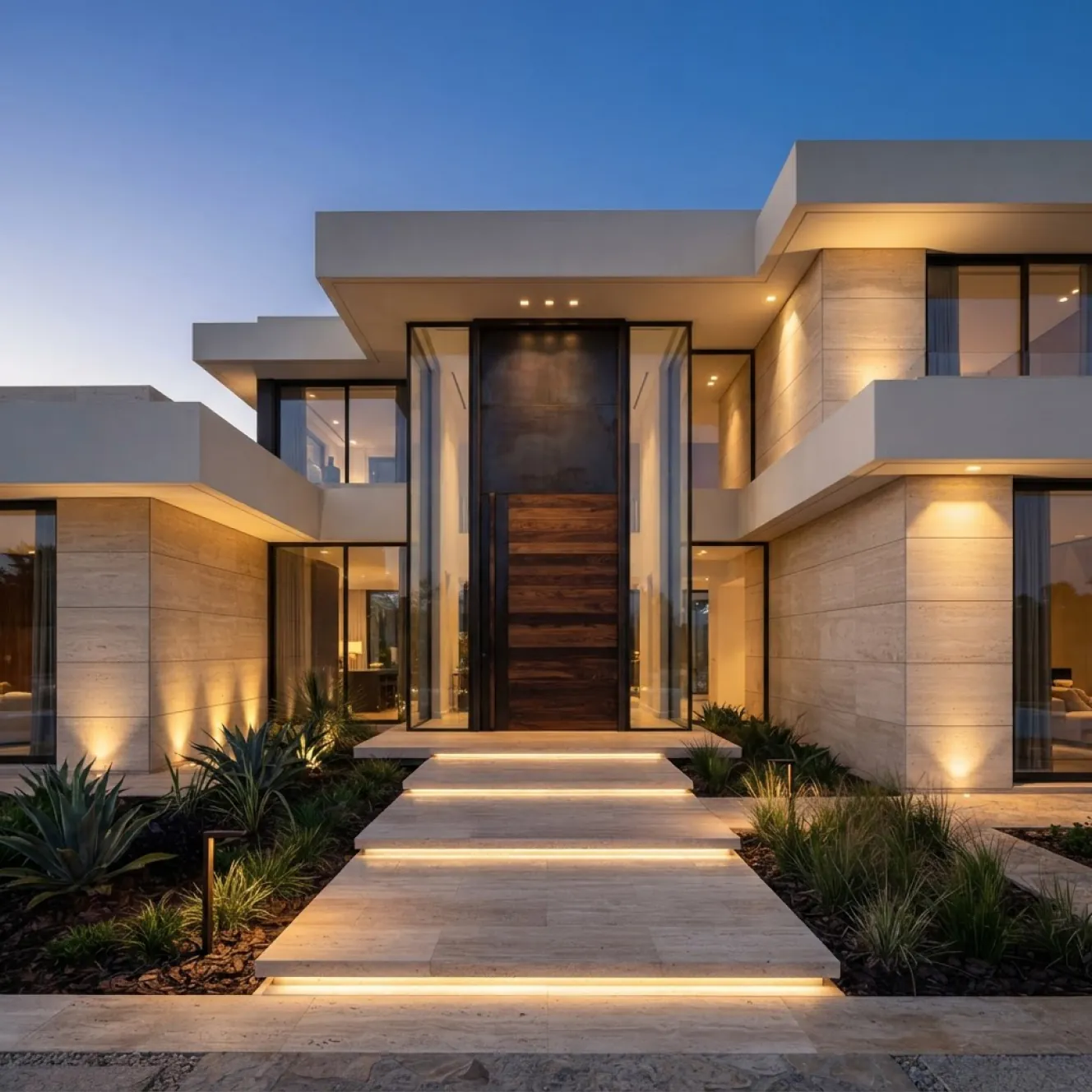 Renovated villa facade and entrance with lit pathway and timber door