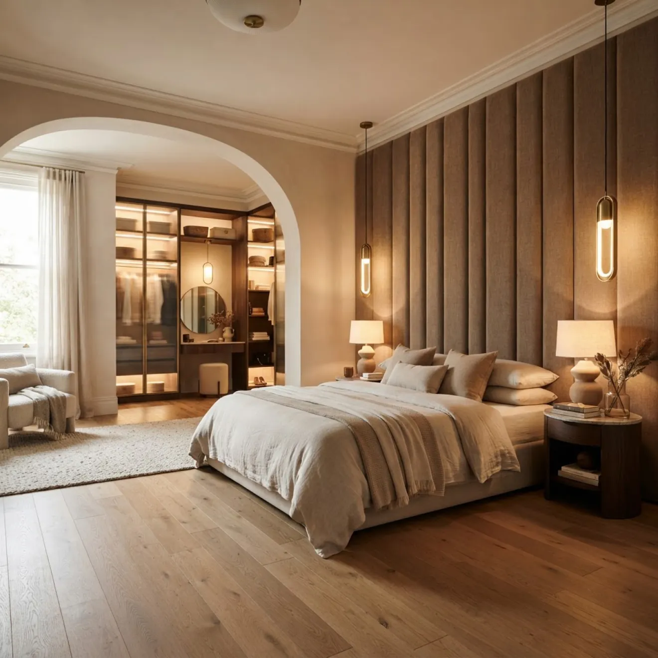 Renovated villa bedroom with fitted dressing area and wardrobes