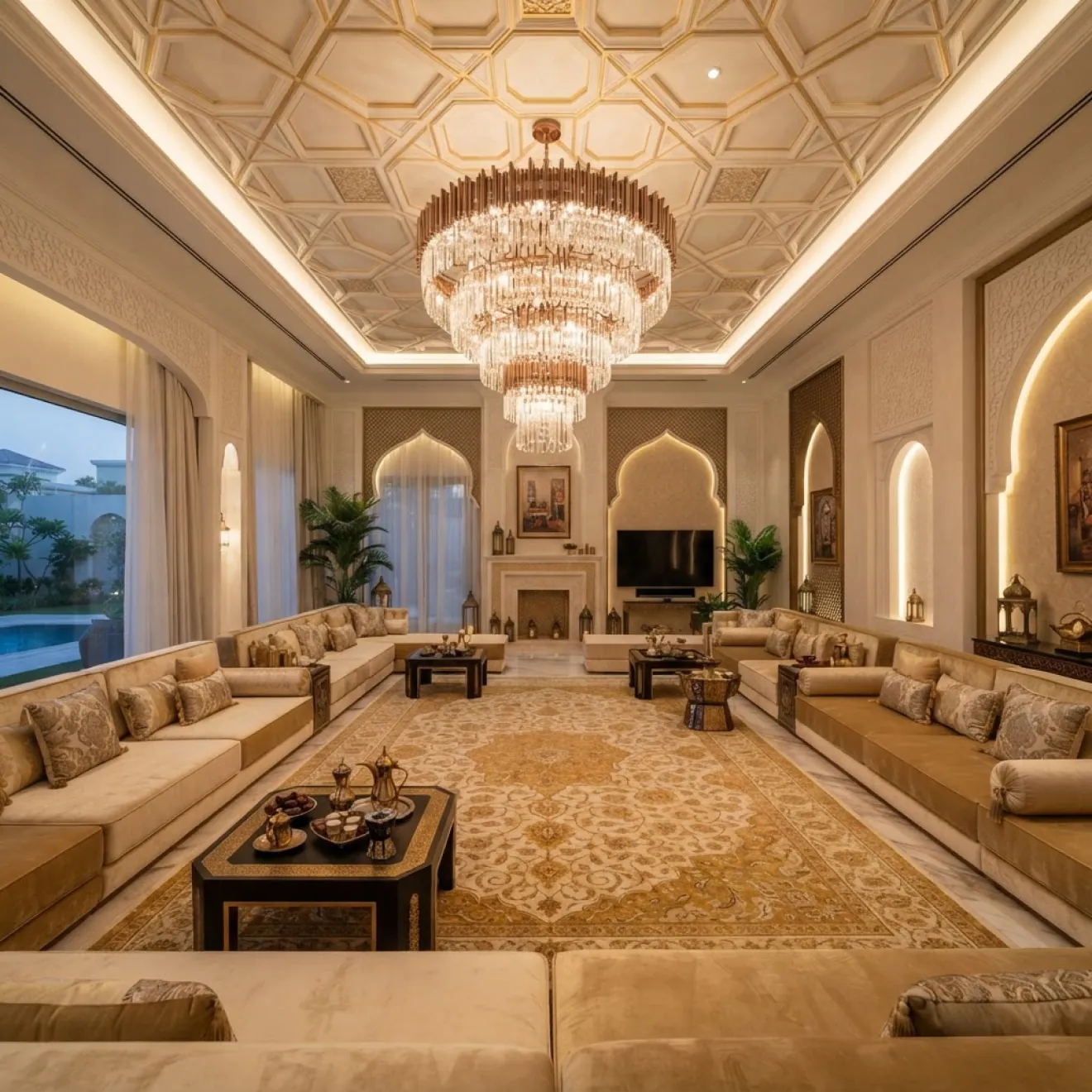 Villa majlis and formal reception room with ornate ceiling and chandelier