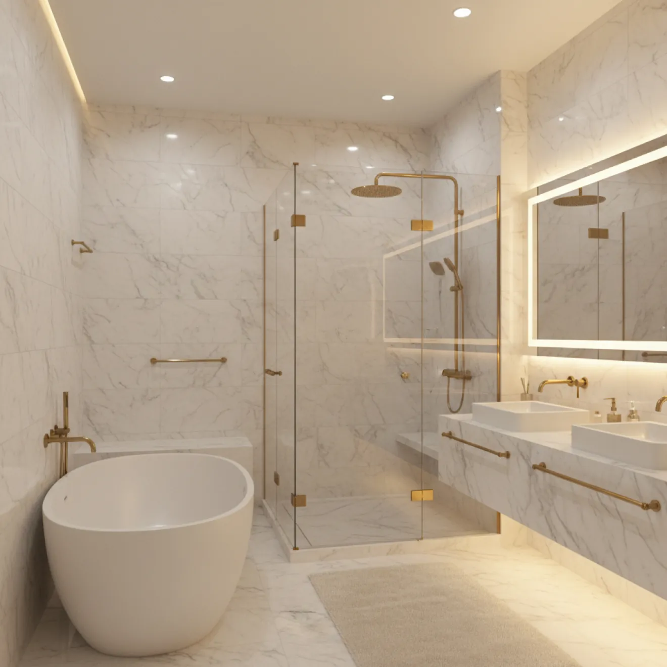 Renovated villa bathroom with freestanding bath, marble walls and glass shower