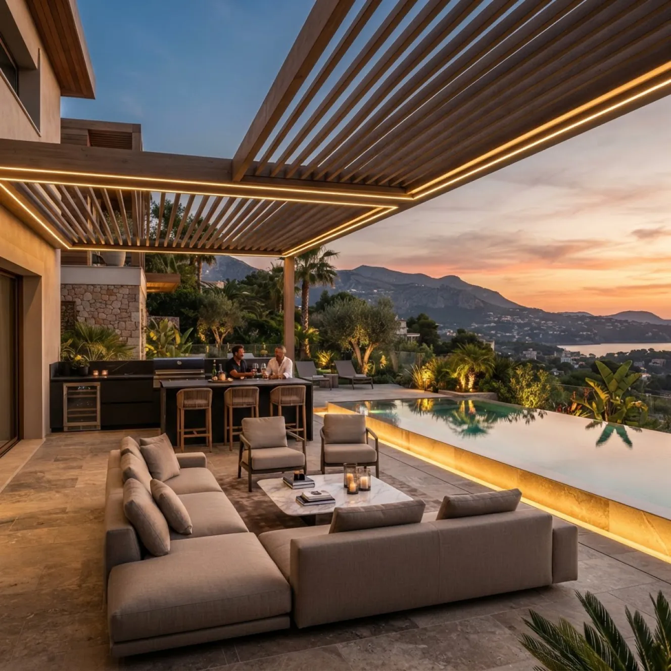 Villa terrace with pergola shading and outdoor lounge seating