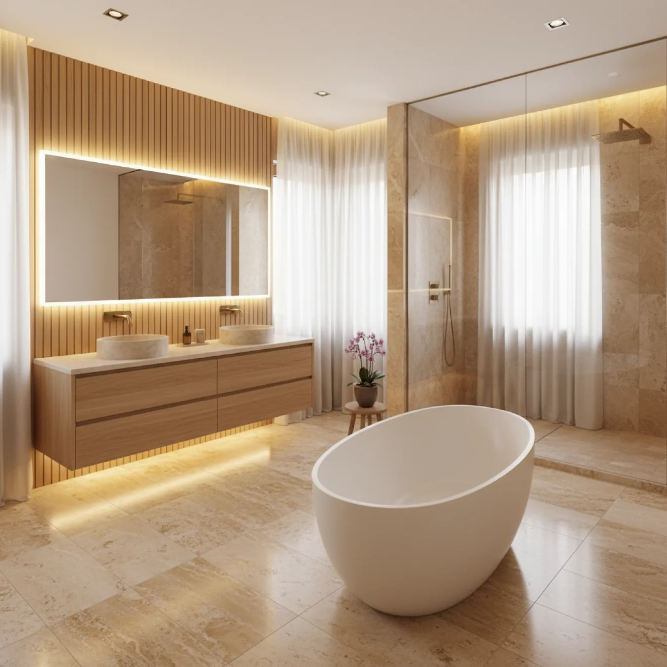 Renovated villa bathroom with freestanding bathtub and double vanity