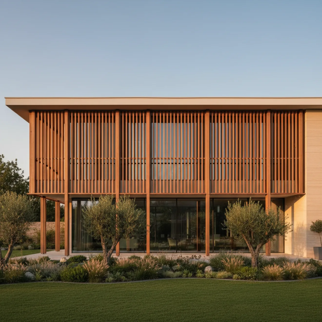 Villa extension with timber louvre facade and landscaped garden