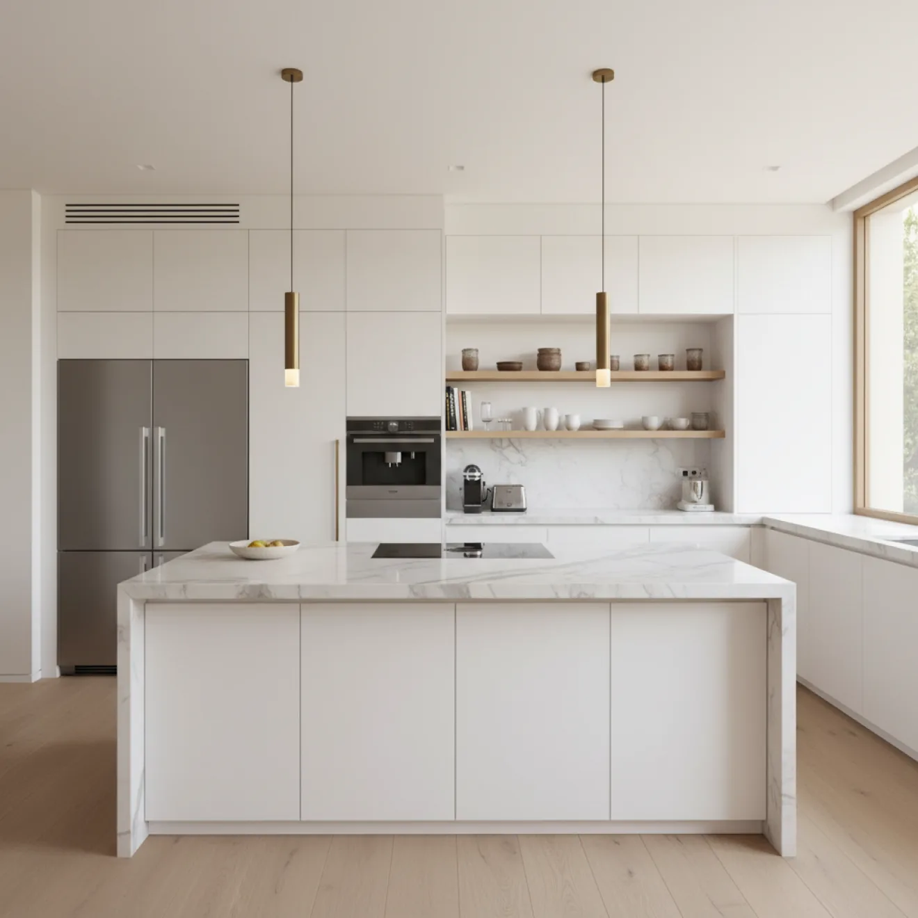 Renovated white villa kitchen with marble island