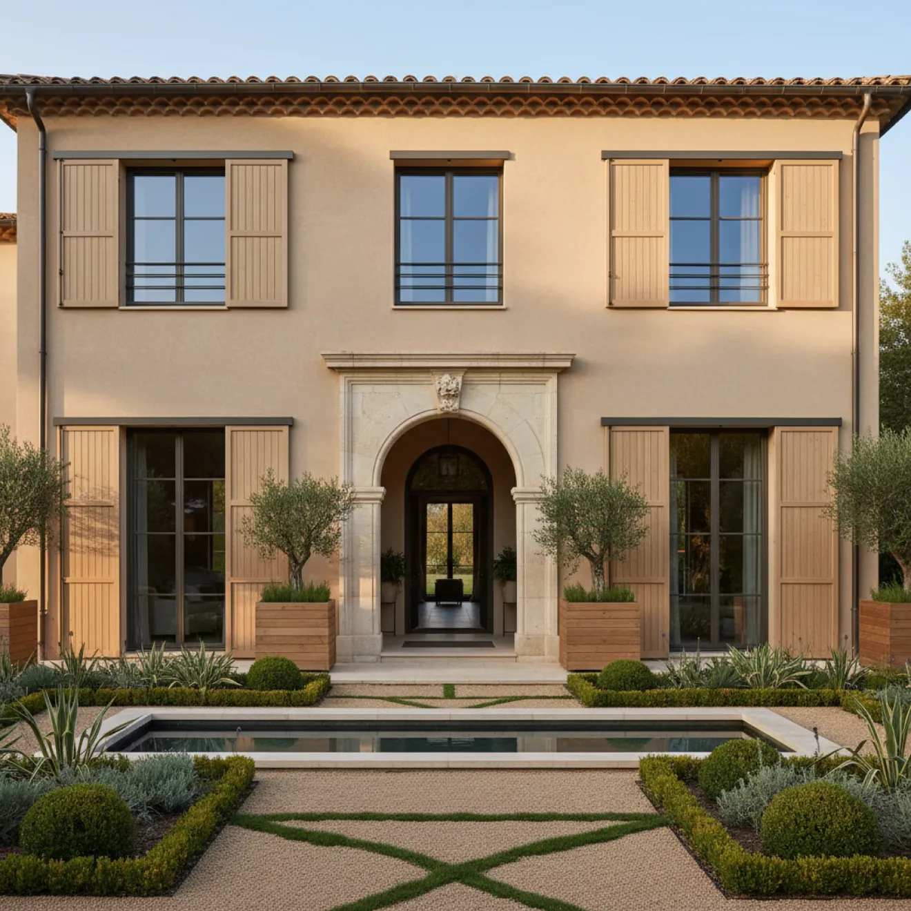 Classic-style villa facade with arched entrance after modernization