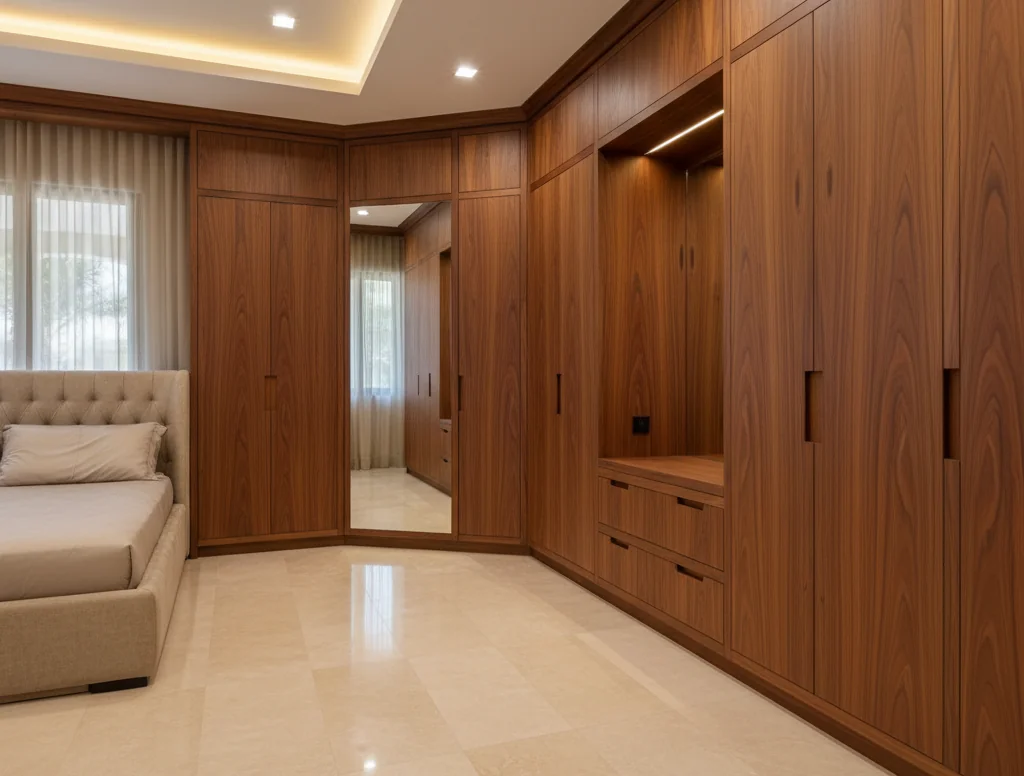 Modernized villa bedroom with bespoke walnut wardrobes