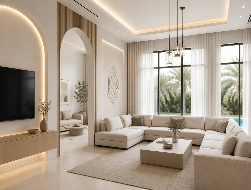 Renovated villa living area with a majlis-style lounge in Nad Al Sheba