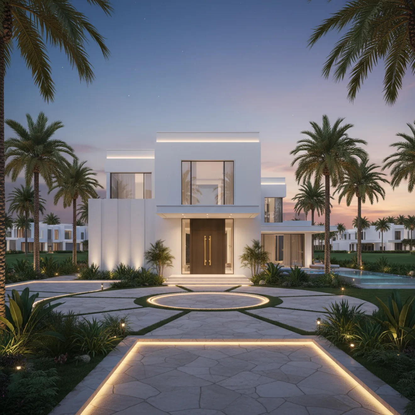 Fully renovated modern villa exterior at dusk