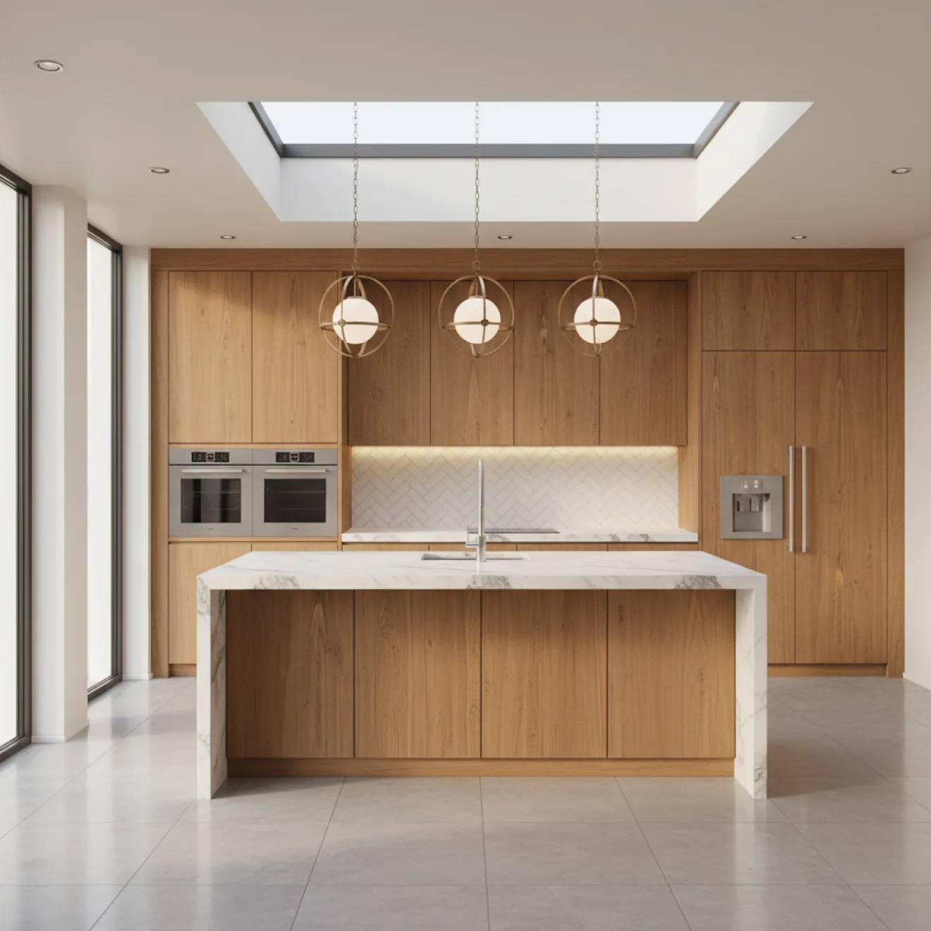 Renovated villa kitchen with timber cabinets and marble island