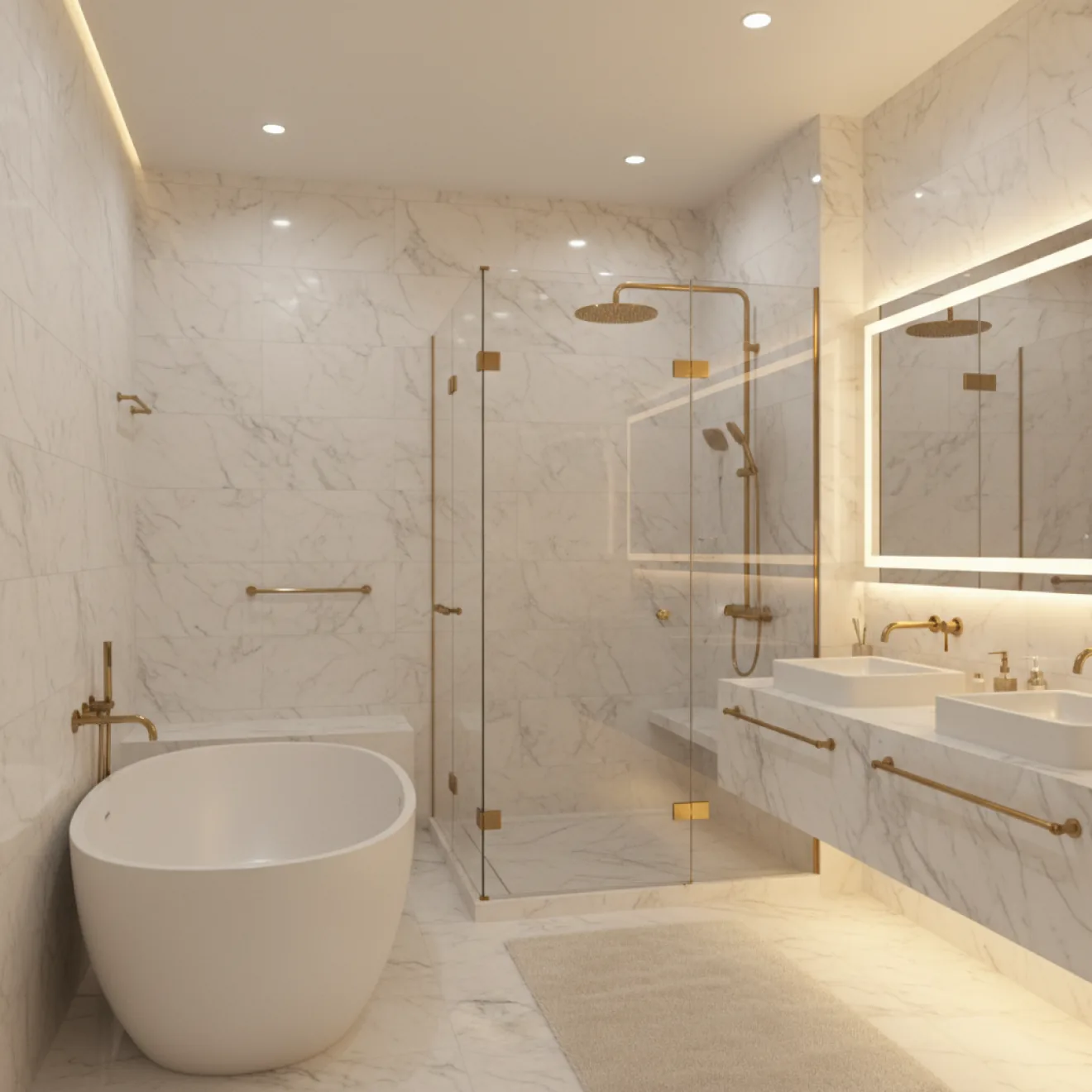 Renovated marble villa bathroom with freestanding bathtub and glass shower