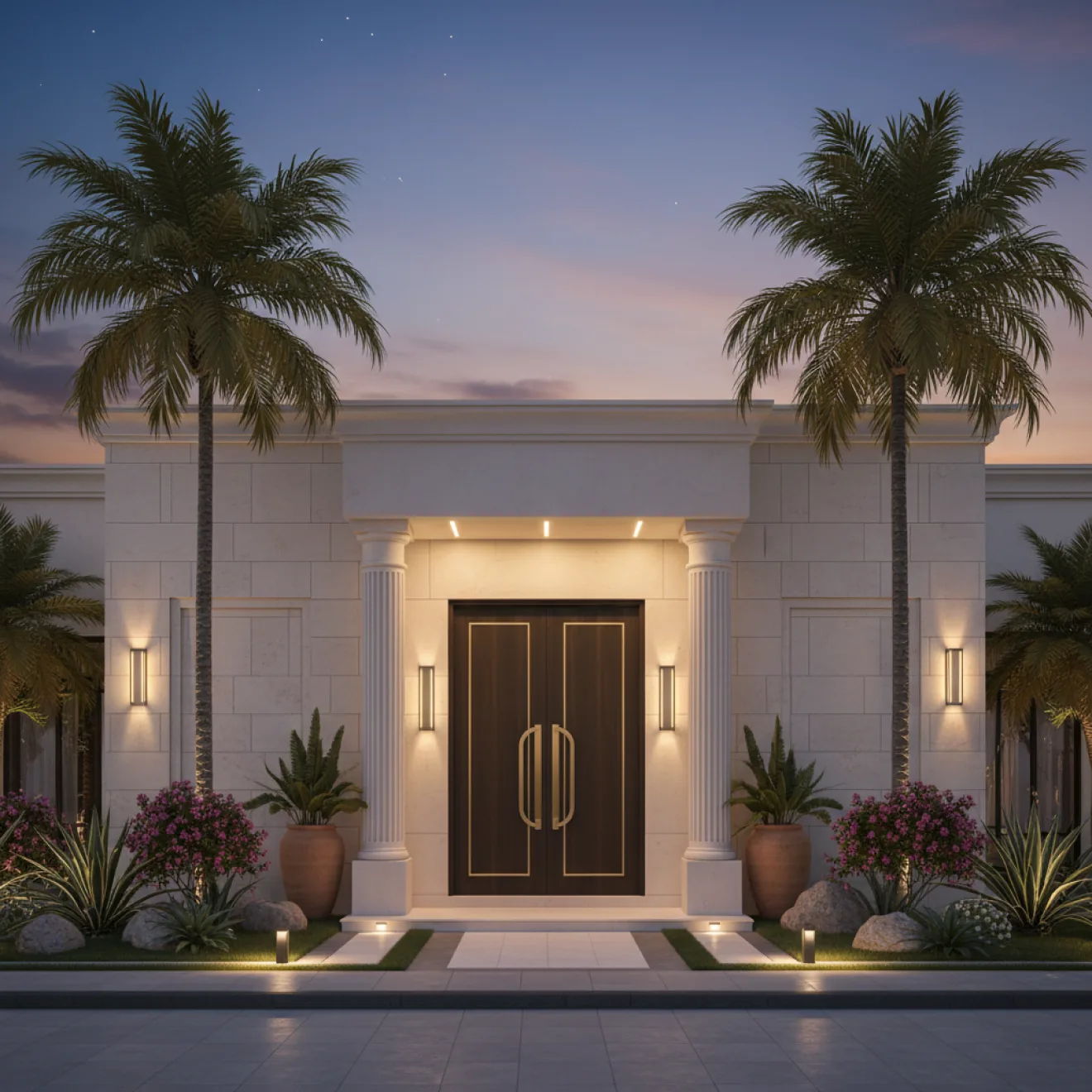 Renovated villa entrance and facade with feature lighting