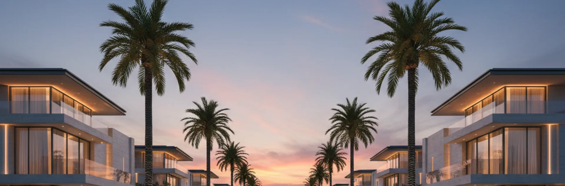 Palm-lined avenue between modern villas at sunset