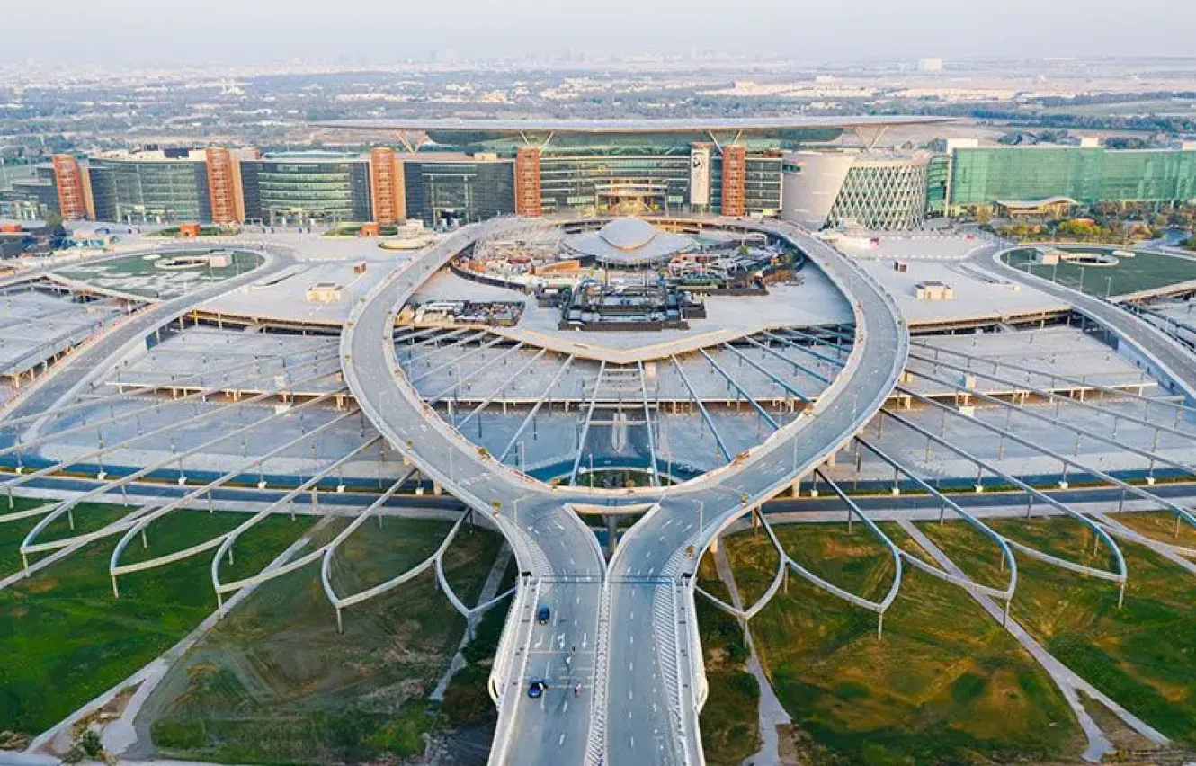 Aerial view of a Dubai government and road infrastructure landmark