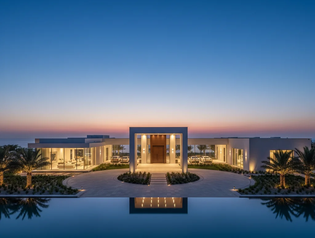 Large family villa in Al Khawaneej with landscaped entrance at dusk