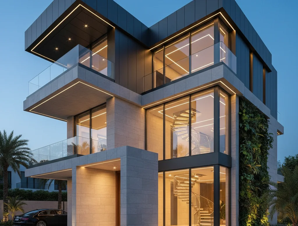 Multi-storey villa with glass balconies and modern facade