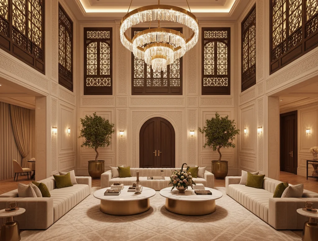 Villa majlis and formal guest reception area with chandelier and arched doorway