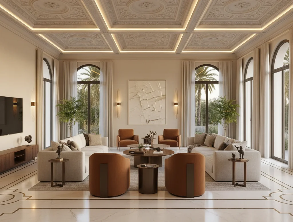 Refurbished living room in an older Al Khawaneej villa with arched windows