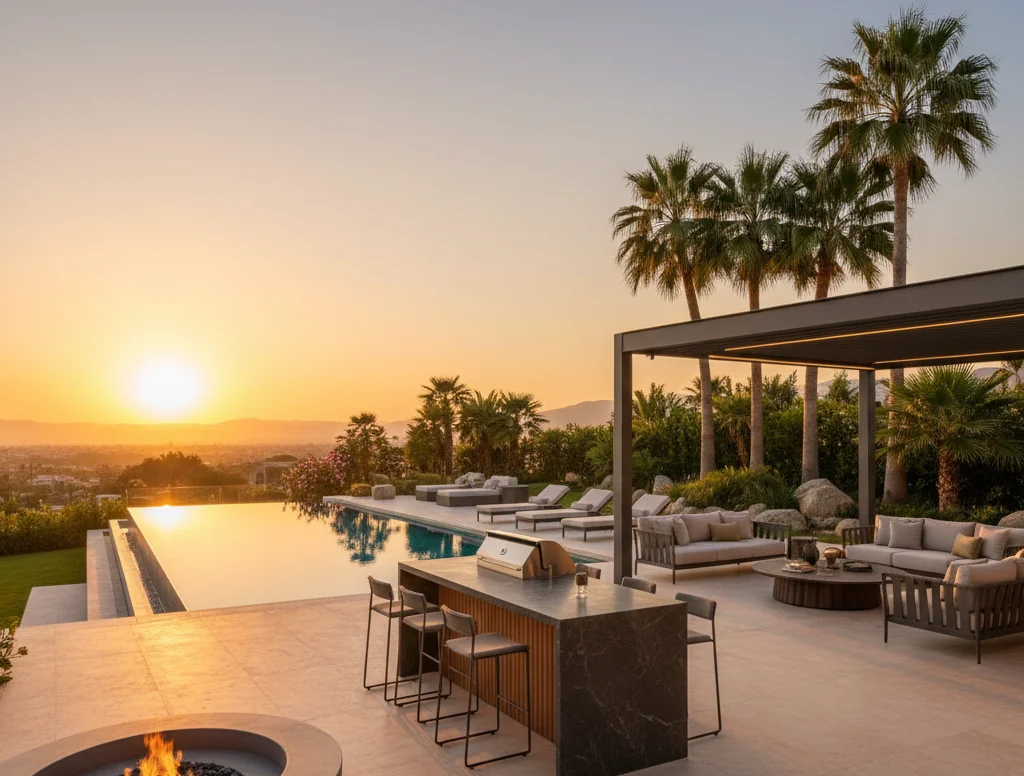Villa garden terrace with pool and shaded outdoor seating in Al Khawaneej